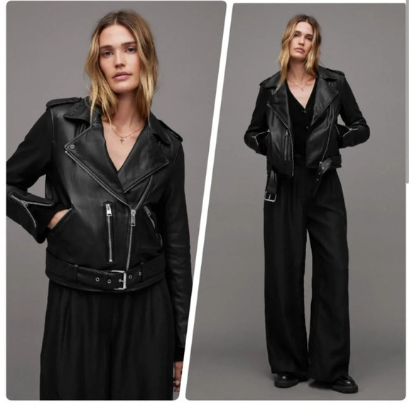 Allsaints Balfern Belted Hem Sheep Leather Moto Jacket Black Sz 2